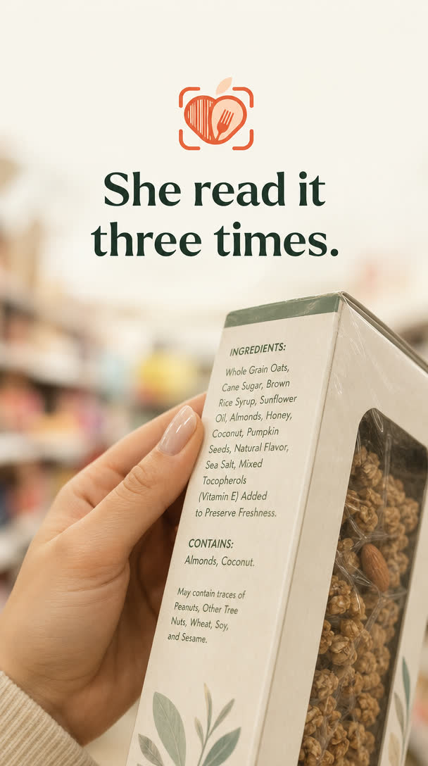 A shopper reading a dense ingredients label on a cereal box. Caption: she read it three times.