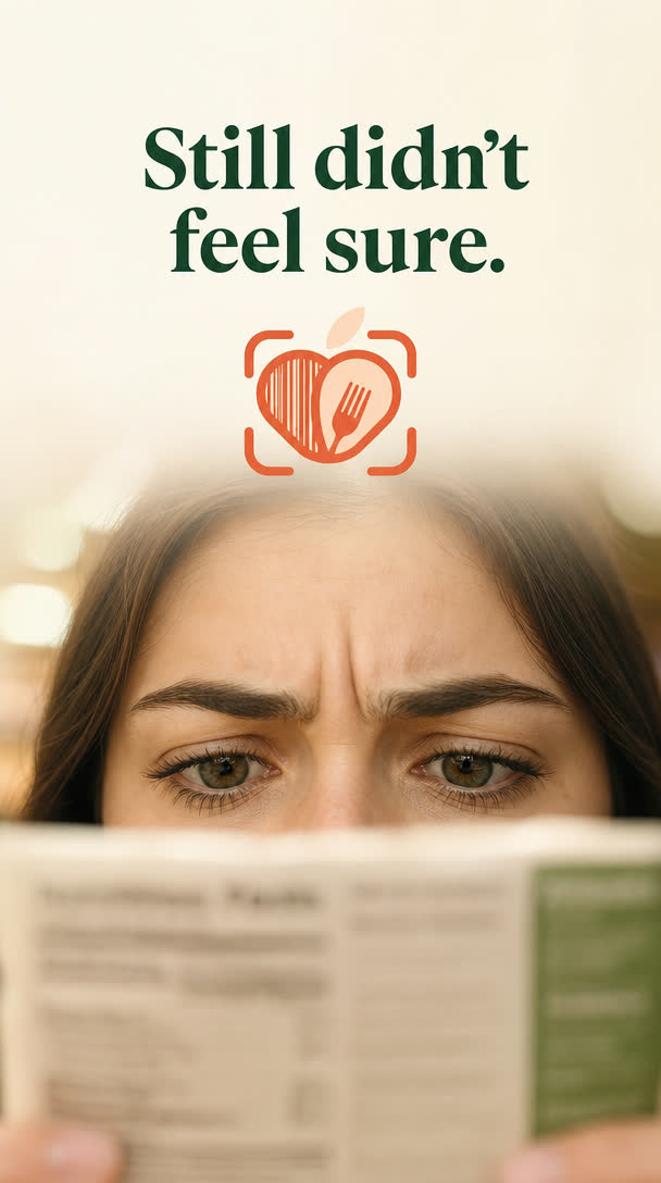 A woman frowning over a nutrition panel. Caption: still didn’t feel sure.