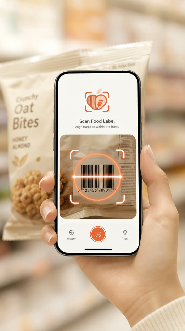 The Food Scan Genius app scanning a barcode on a snack packet.