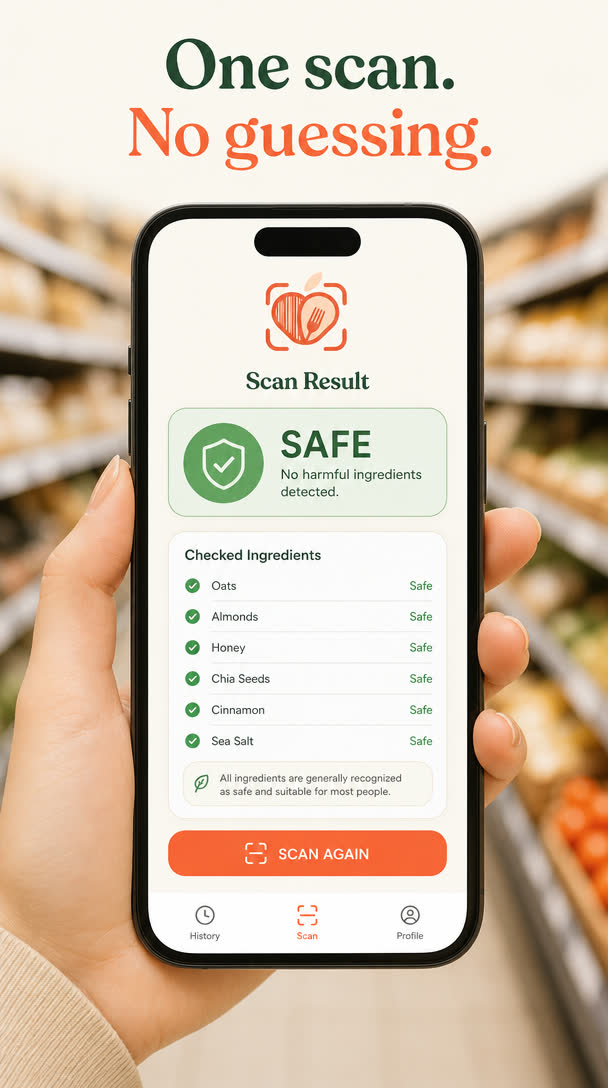 The app returning a SAFE verdict with every checked ingredient listed. Caption: one scan, no guessing.