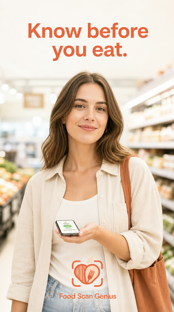A shopper in an aisle holding her phone. Caption: know before you eat.