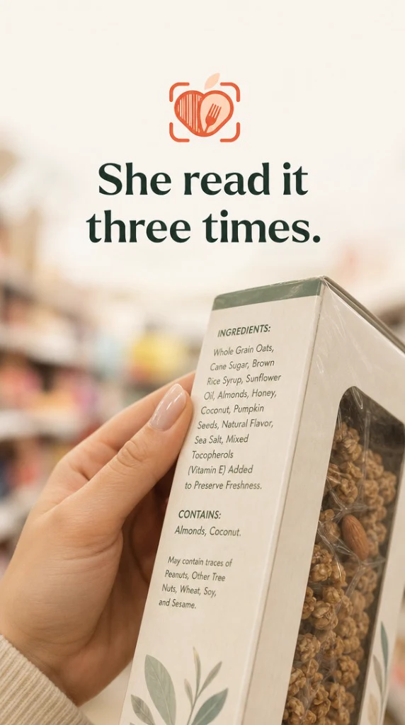 A shopper carefully reading the ingredients on a pack